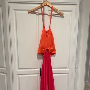 L Orange and Pink Halter Cut Out Dress
